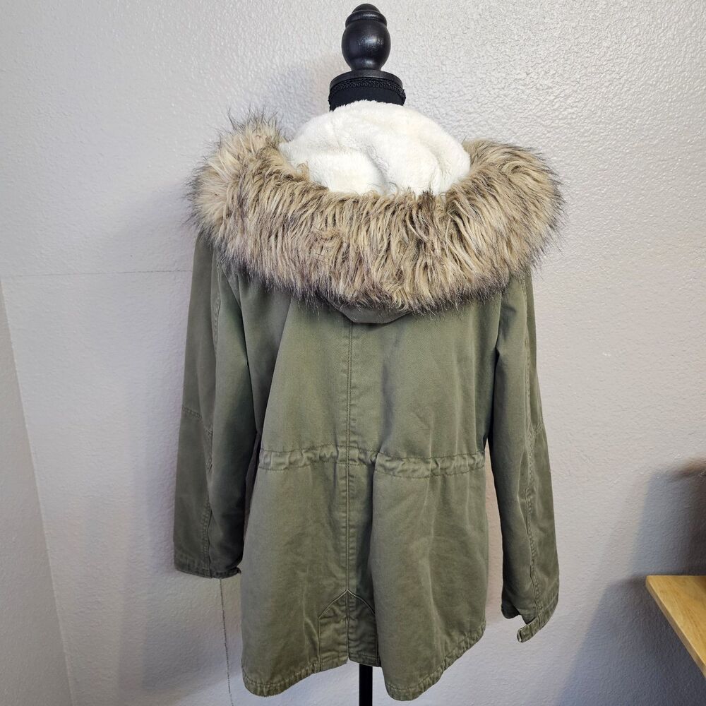 Joe Boxer Women's Olive Green Parka Jacket L Faux Fur Hood Sherpa Utility Cozy - Picture 4 of 11